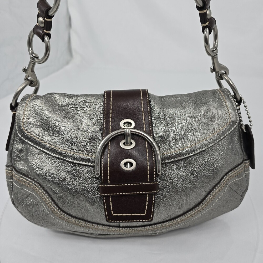 Rare Vtg Y2K Coach F10595 Soho Buckle Flap Gunmetal Leather Shoulder Bag/Hobo - Picture 3 of 16